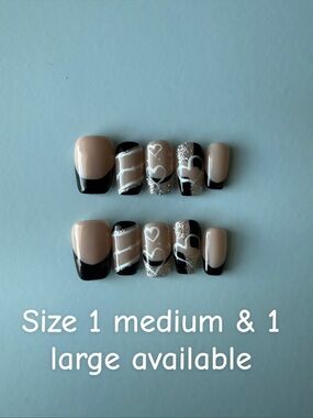 Neutral & Black Press-On Nail Set with Silver Glitter Hearts